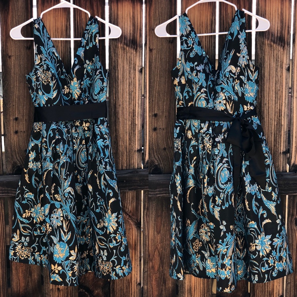 {ModCloth} Gorgeous Black Gold Teal Brocade Dress